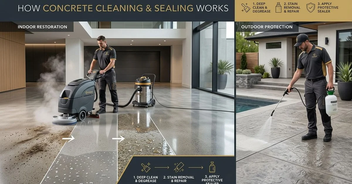 Concrete cleaning and sealing process indoors and out