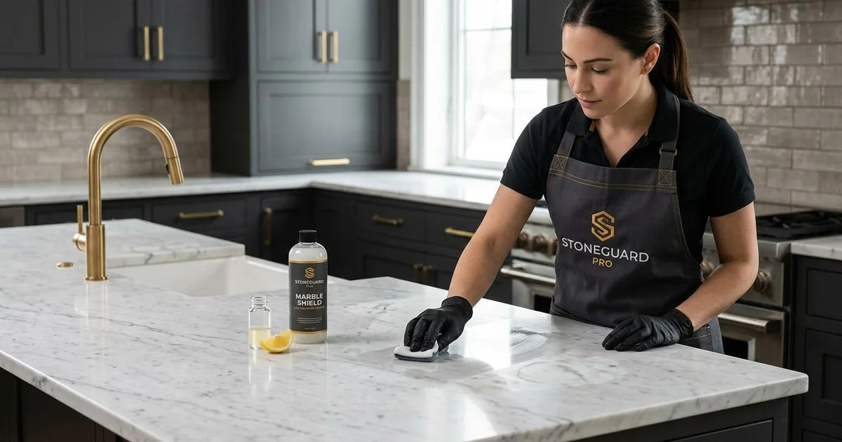 Marble kitchen countertop with proper acid-etching protection