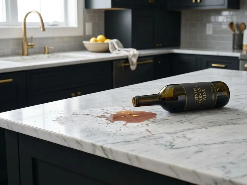 Citrus and wine spill etching a marble countertop surface