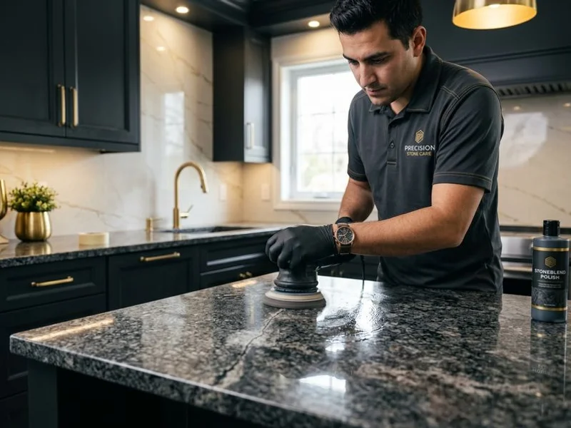 Color-matched granite crack repair polished and blended