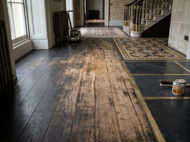 Hardwood floor worn through to bare wood requiring refinishing