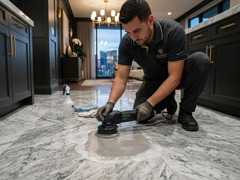 Diamond honing removing etch marks from a marble surface