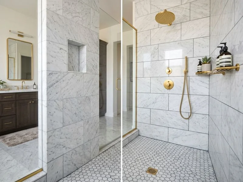 Restored marble shower after professional cleaning and sealing