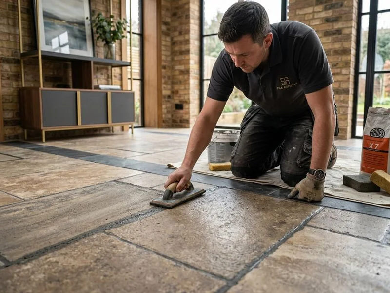 Sanded grout in a wide tile joint