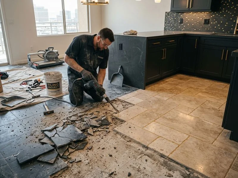 Tile demolition during a stone replacement project