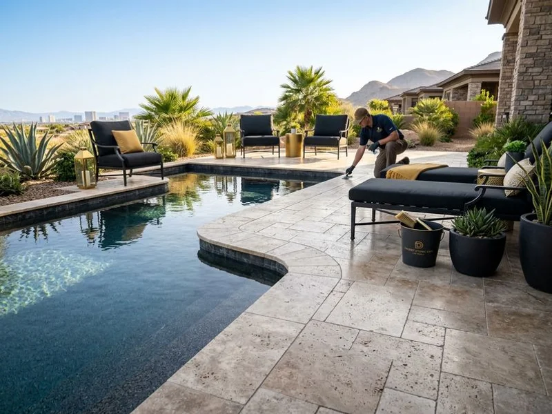 Travertine pool deck resealed against desert sun